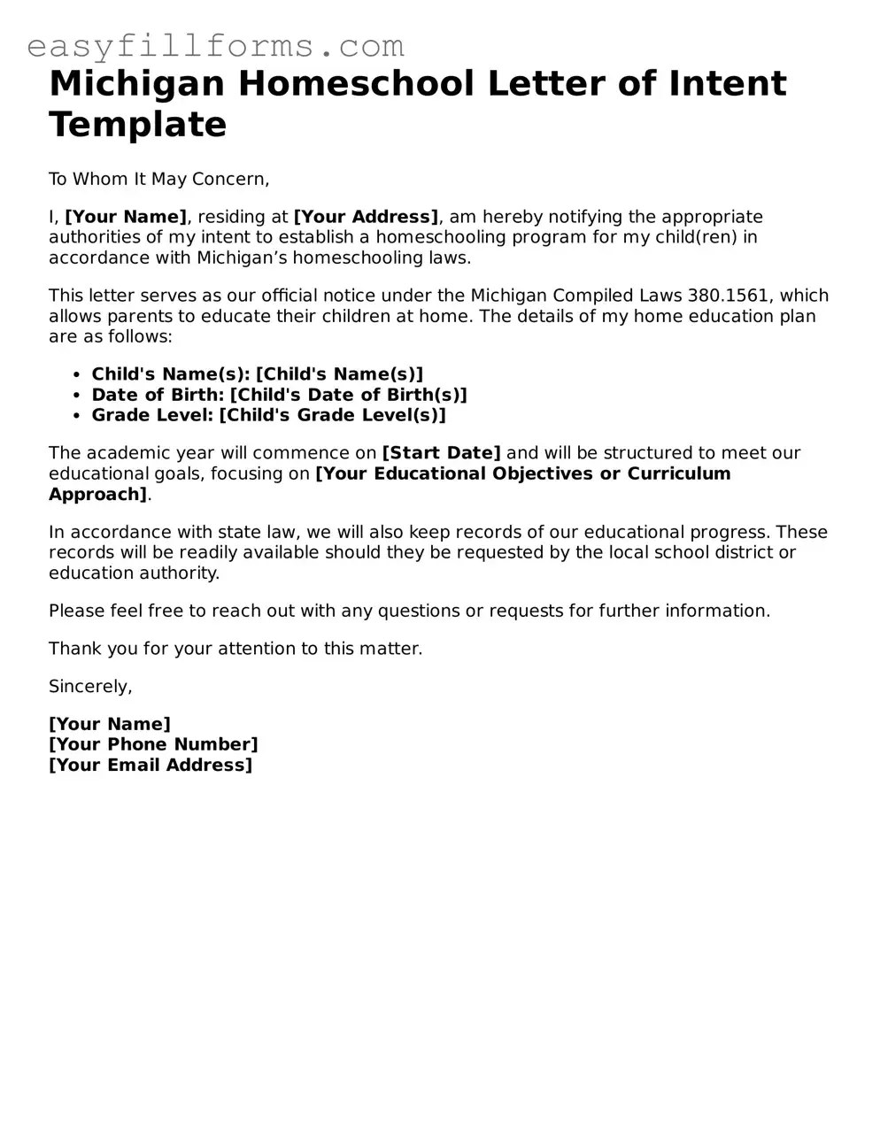 Valid  Homeschool Letter of Intent Template for Michigan