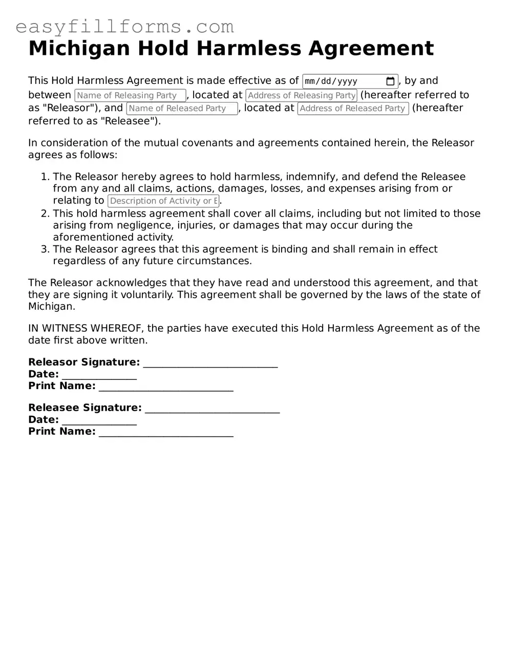 Valid  Hold Harmless Agreement Template for Michigan