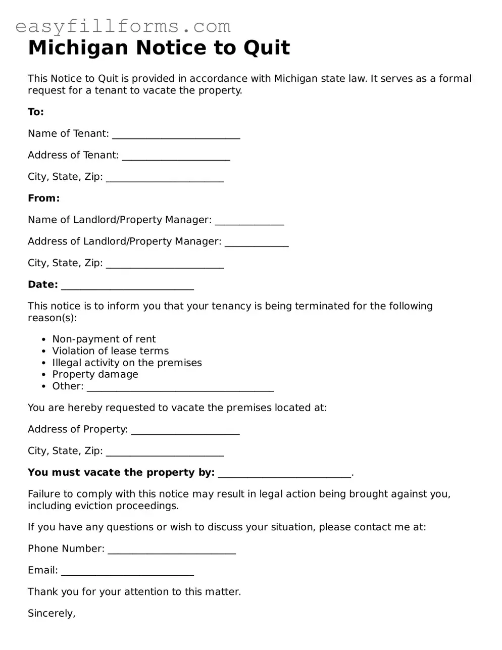Valid  Notice to Quit Template for Michigan