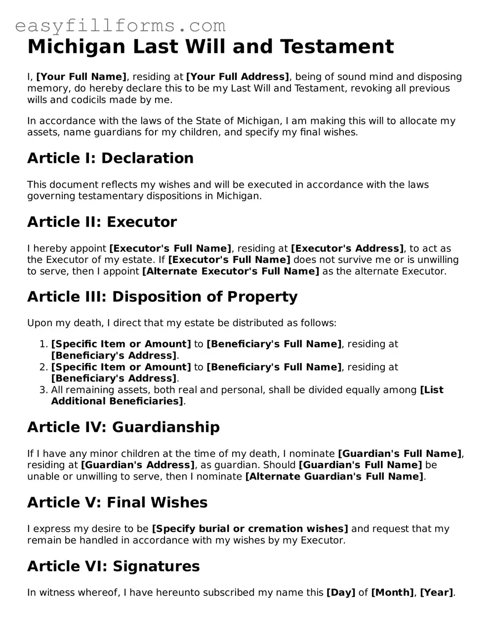 Valid  Last Will and Testament Template for Michigan