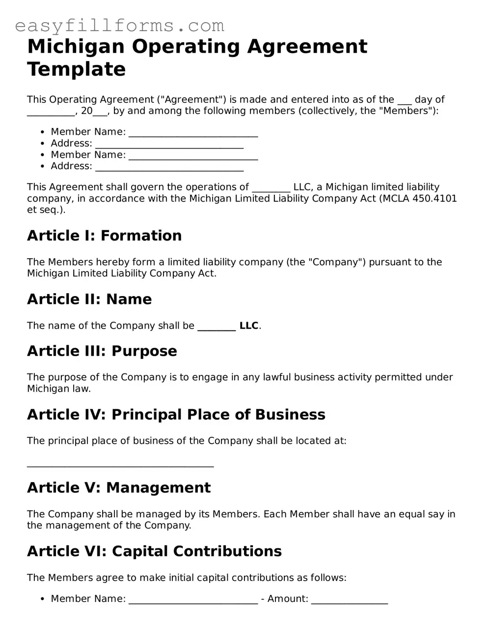 Valid  Operating Agreement Template for Michigan