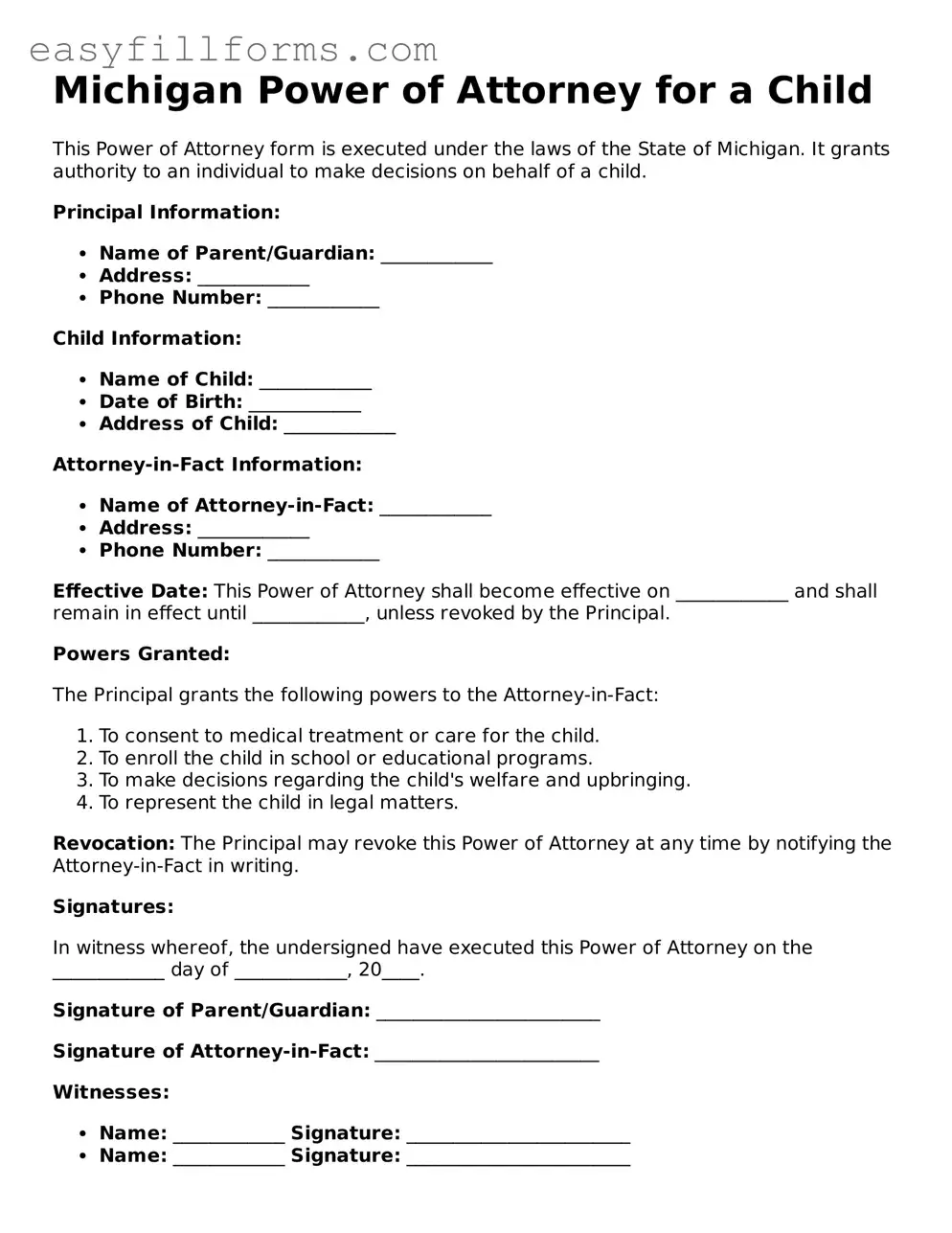 Valid  Power of Attorney for a Child Template for Michigan