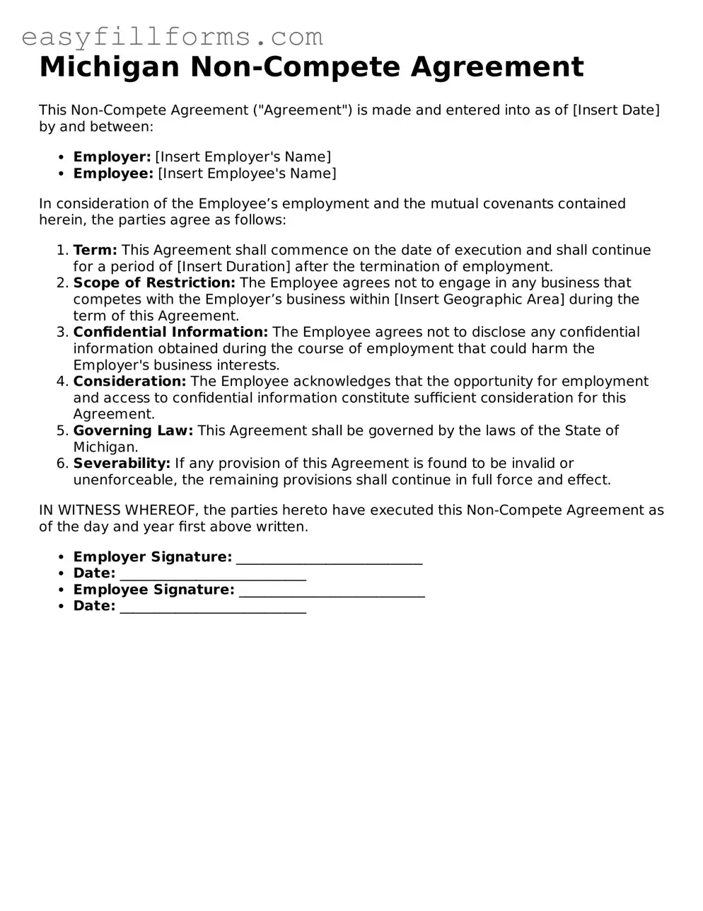 Valid  Non-compete Agreement Template for Michigan