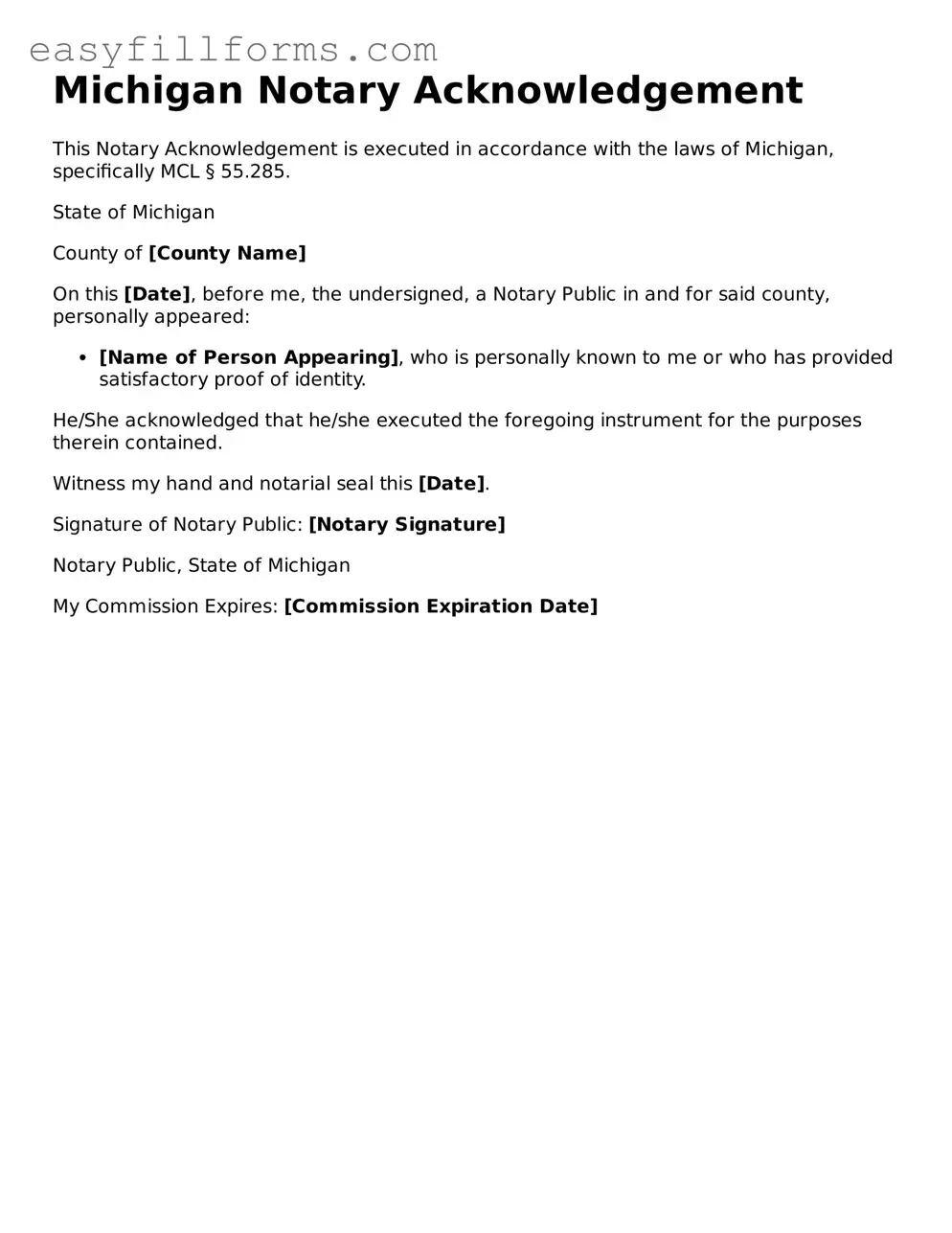 Valid  Notary Acknowledgement Template for Michigan