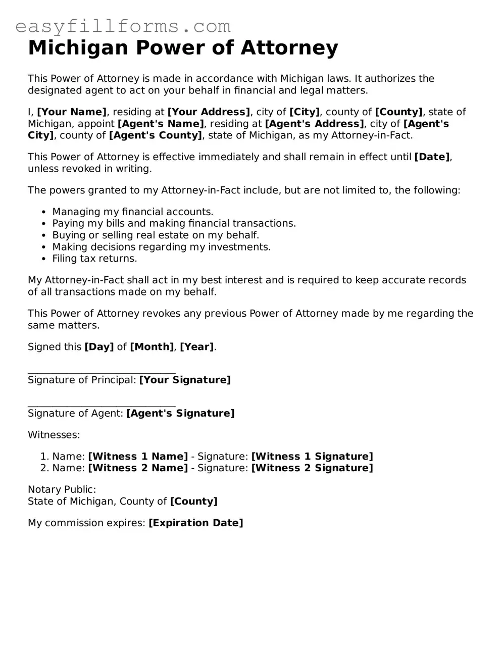 Valid  Power of Attorney Template for Michigan