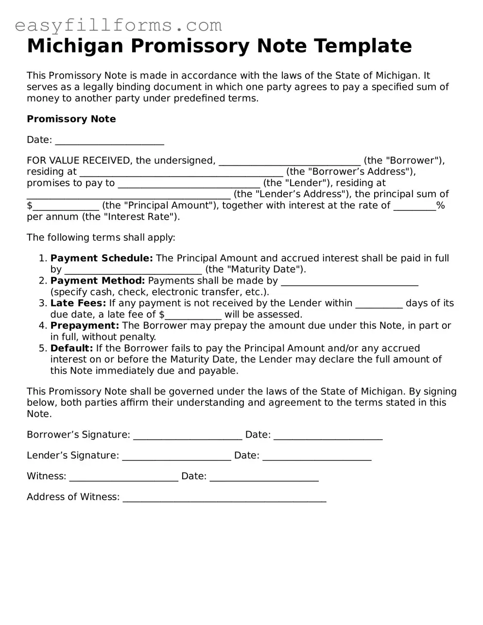 Valid  Promissory Note Template for Michigan