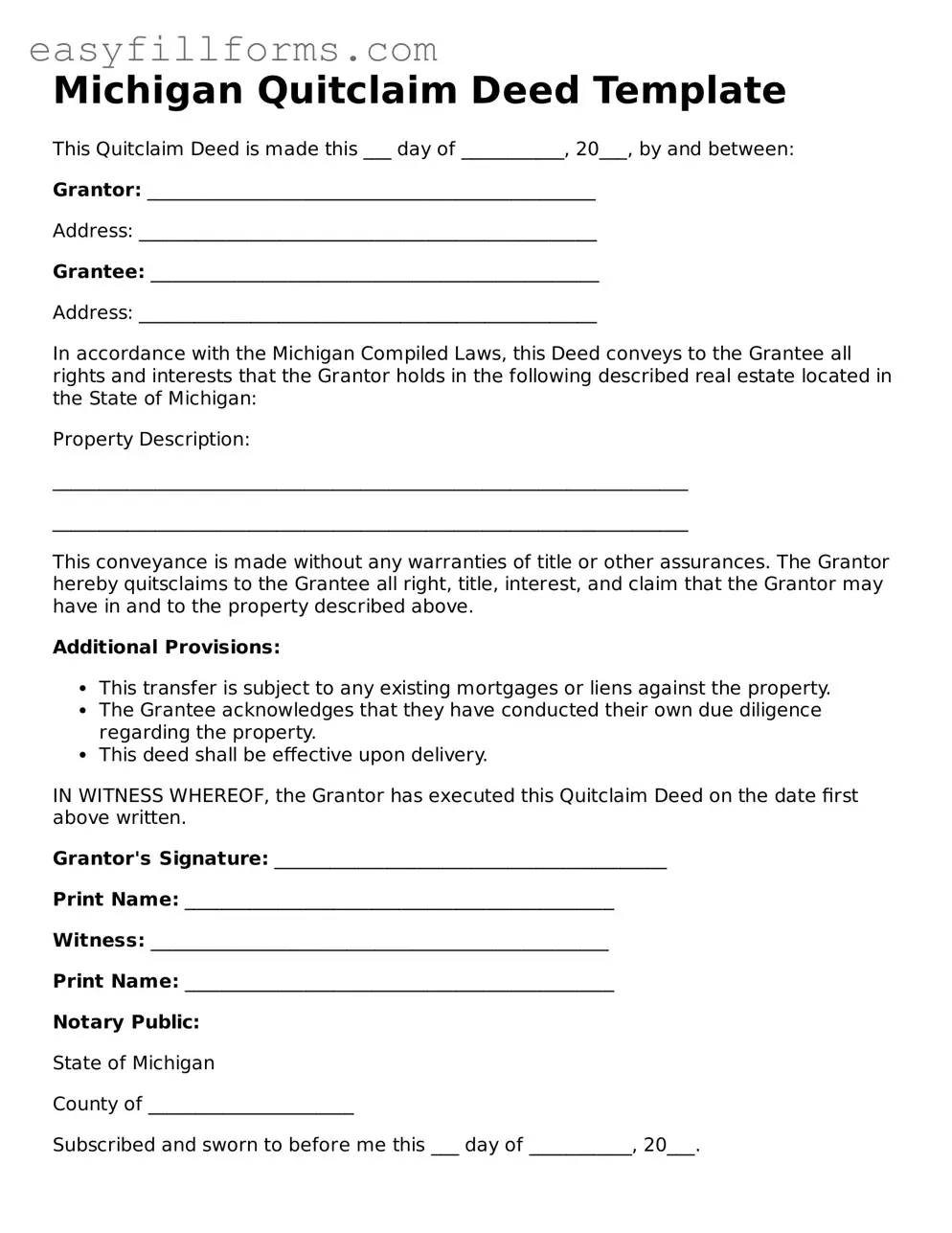 Valid  Quitclaim Deed Template for Michigan
