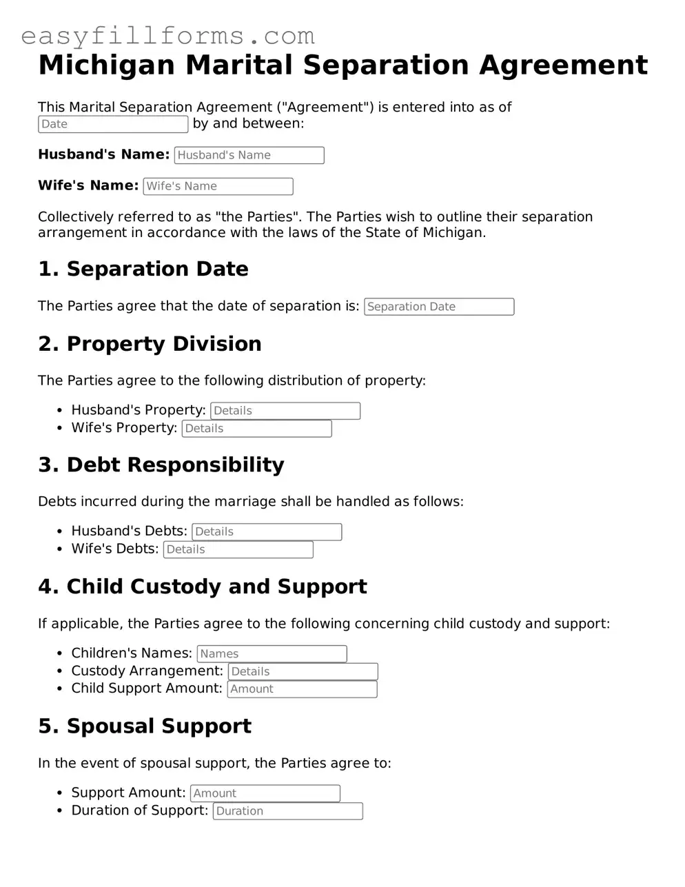 Valid  Marital Separation Agreement Template for Michigan