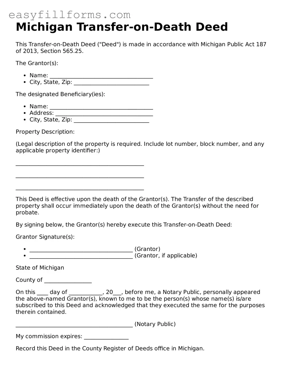 Valid  Transfer-on-Death Deed Template for Michigan