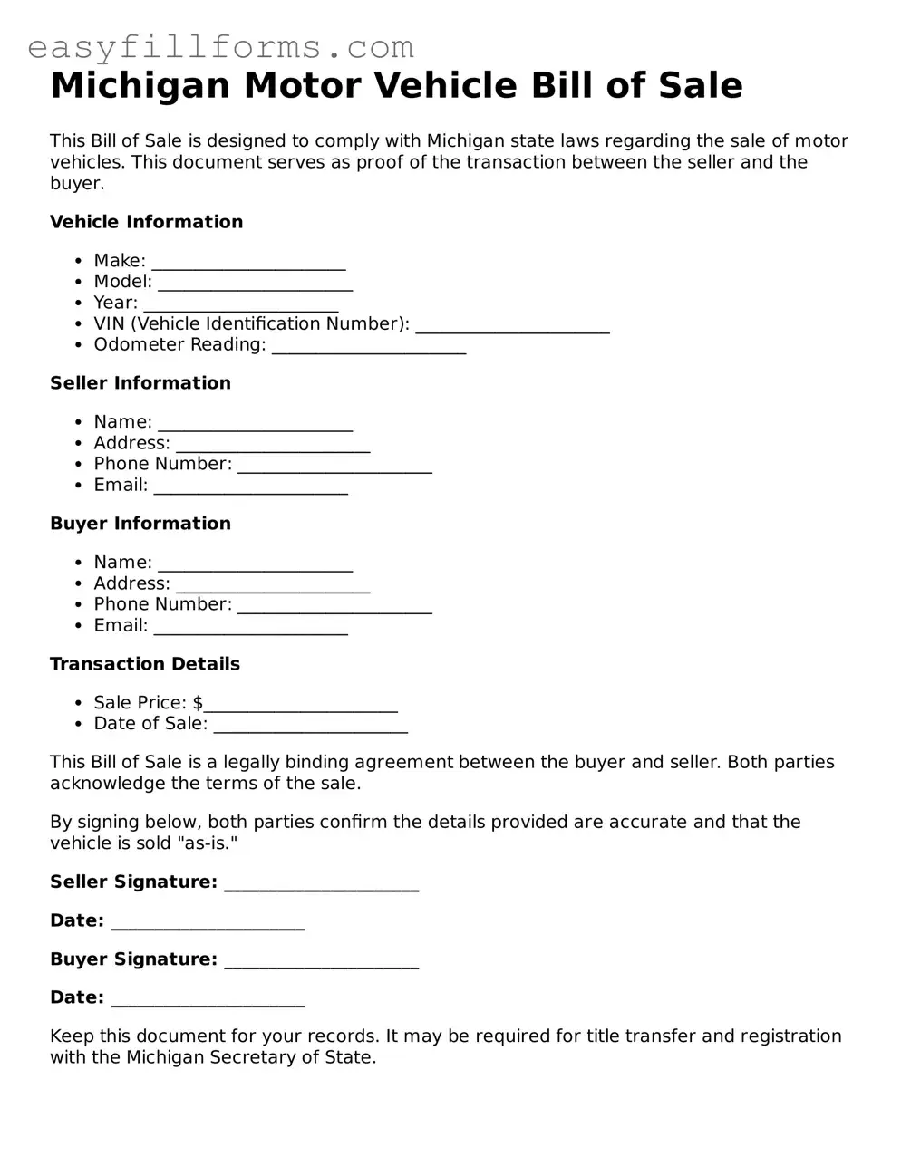Valid  Motor Vehicle Bill of Sale Template for Michigan