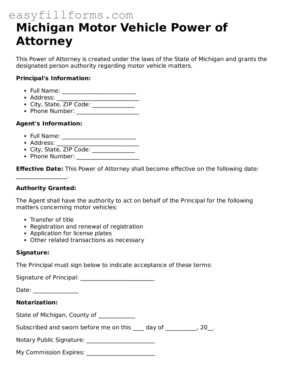 Valid  Motor Vehicle Power of Attorney Template for Michigan