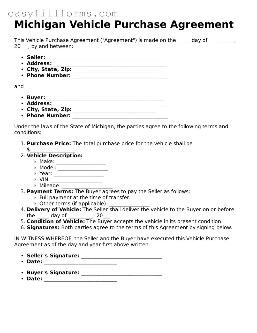 Valid  Vehicle Purchase Agreement Template for Michigan