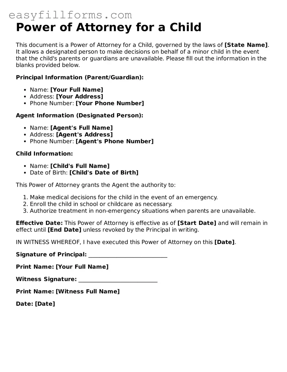 Attorney-Verified Power of Attorney for a Child Template