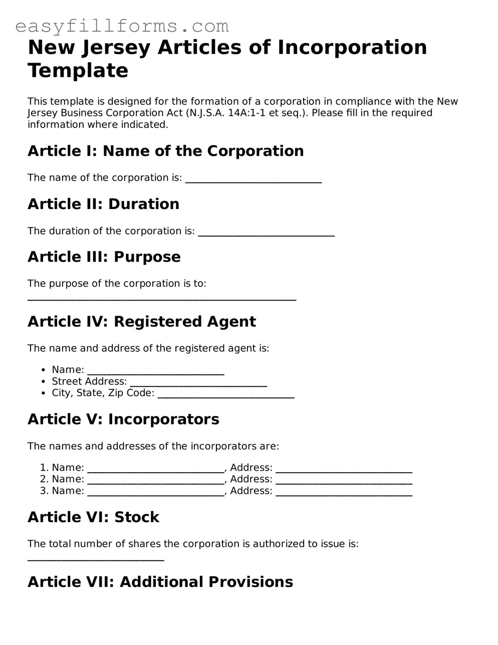 Valid  Articles of Incorporation Template for New Jersey