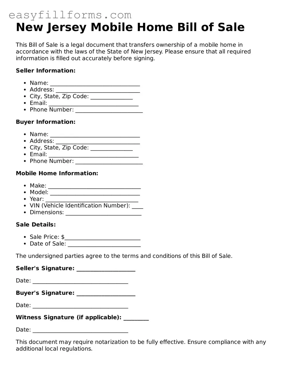 Valid  Mobile Home Bill of Sale Template for New Jersey