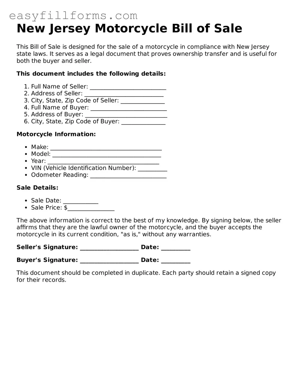 Valid  Motorcycle Bill of Sale Template for New Jersey