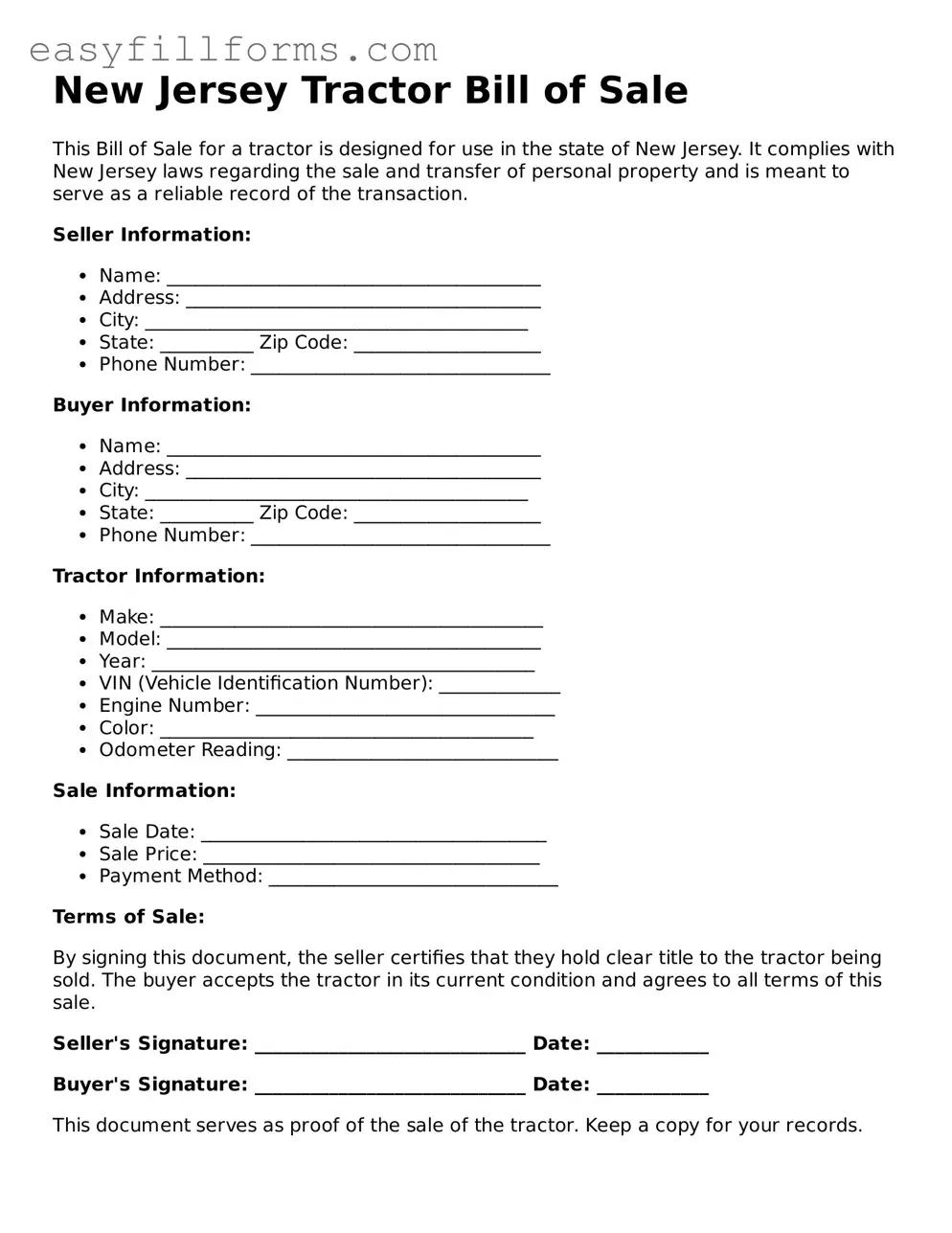 Valid  Tractor Bill of Sale Template for New Jersey