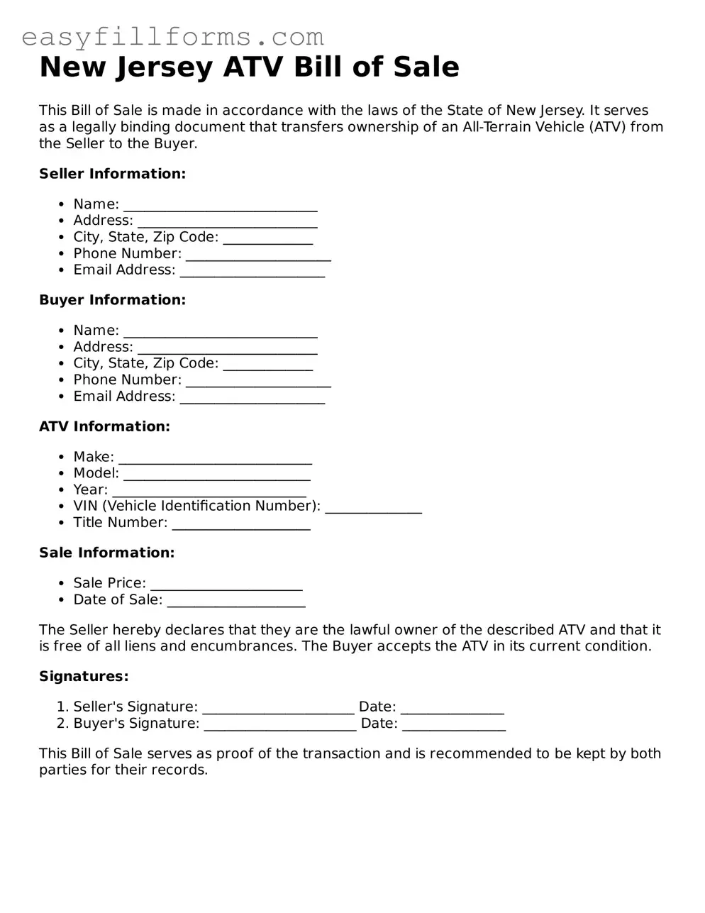 Valid  ATV Bill of Sale Template for New Jersey