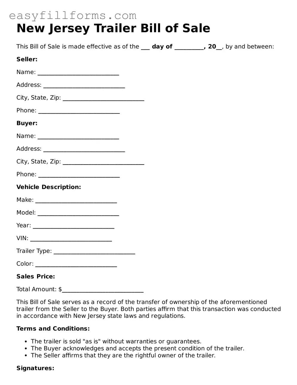 Valid  Trailer Bill of Sale Template for New Jersey