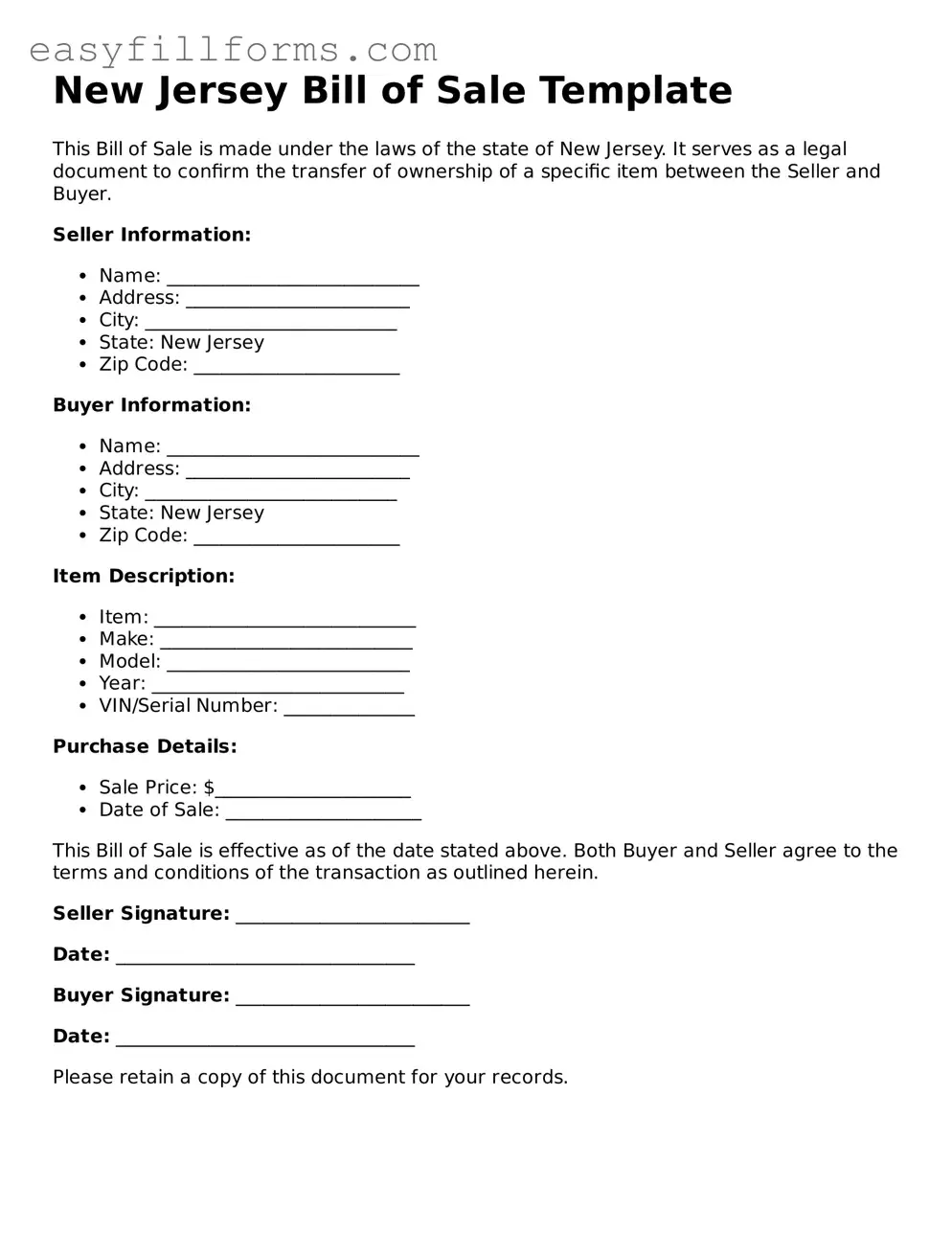 Valid  Bill of Sale Template for New Jersey