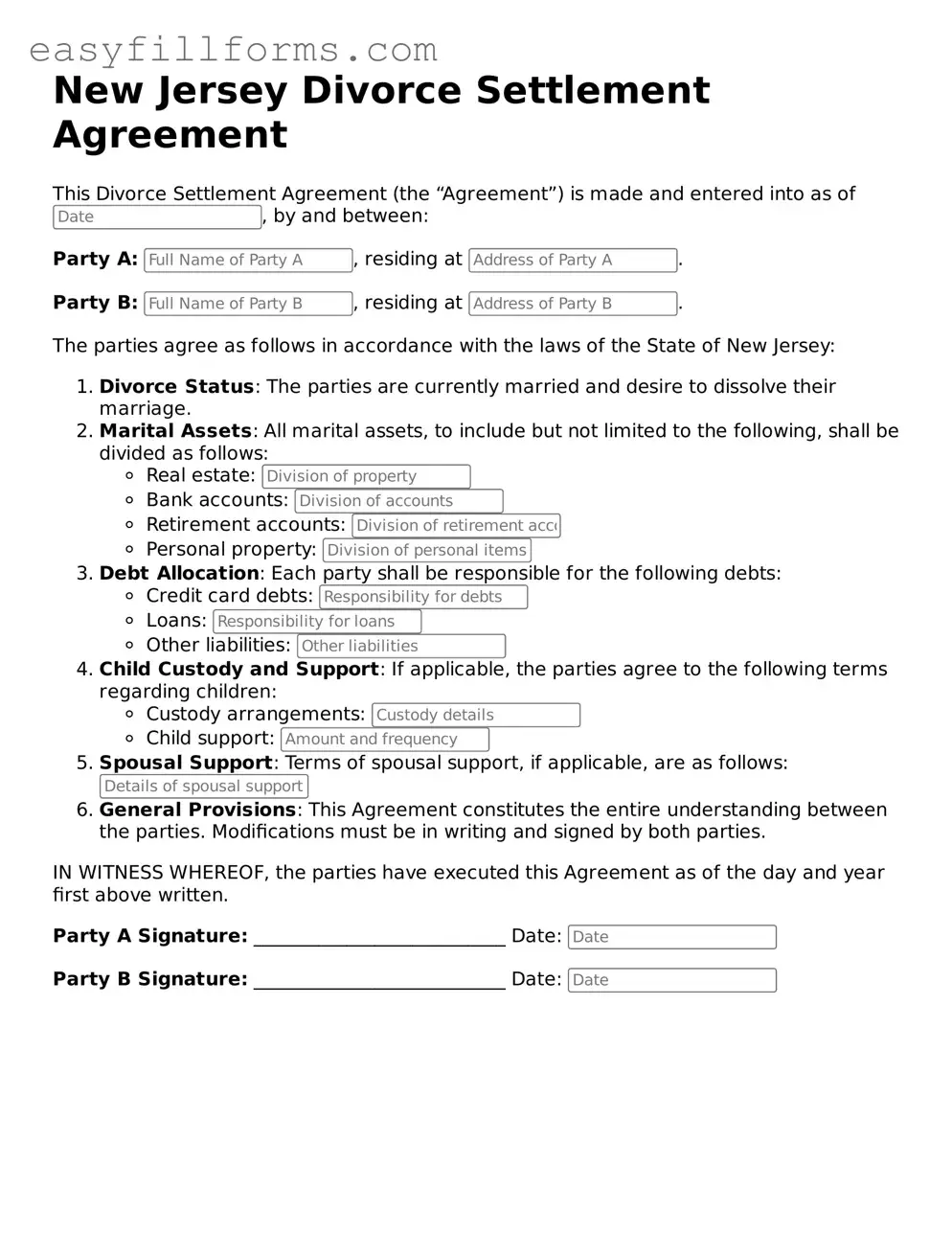Valid  Divorce Settlement Agreement Template for New Jersey