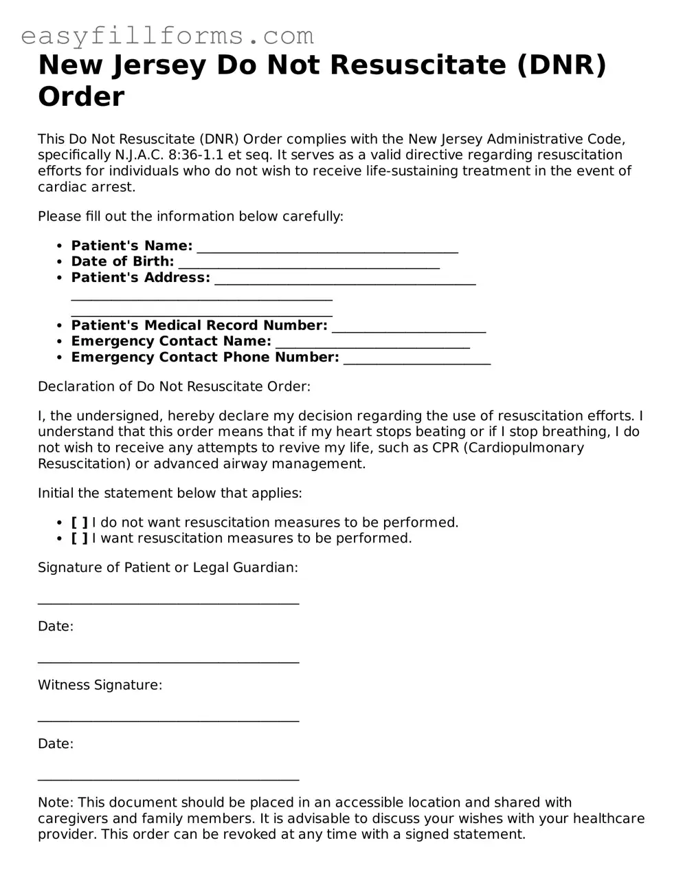 Valid  Do Not Resuscitate Order Template for New Jersey