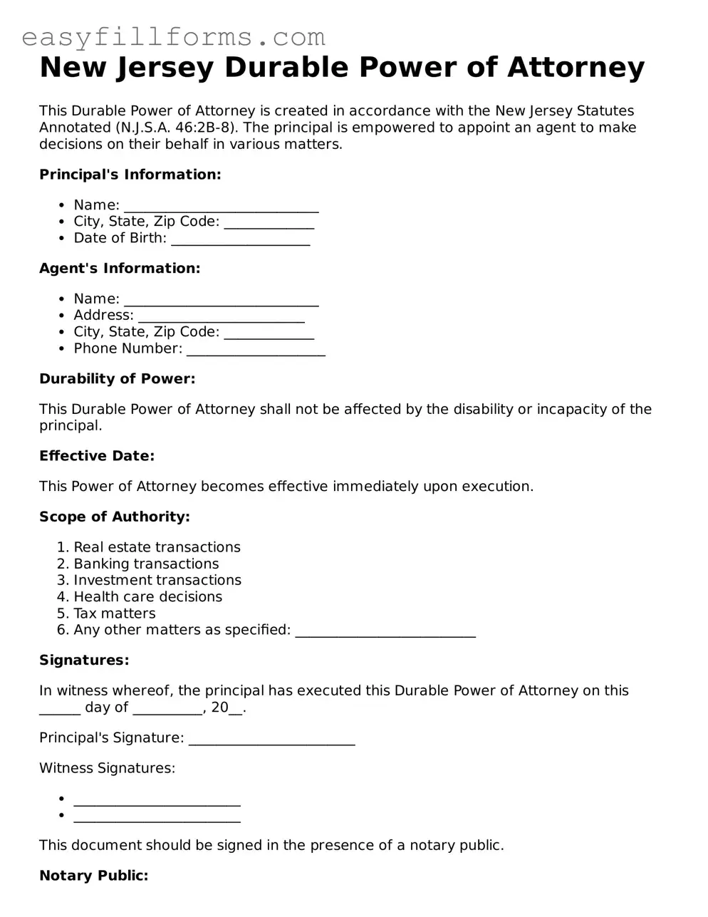 Valid  Durable Power of Attorney Template for New Jersey