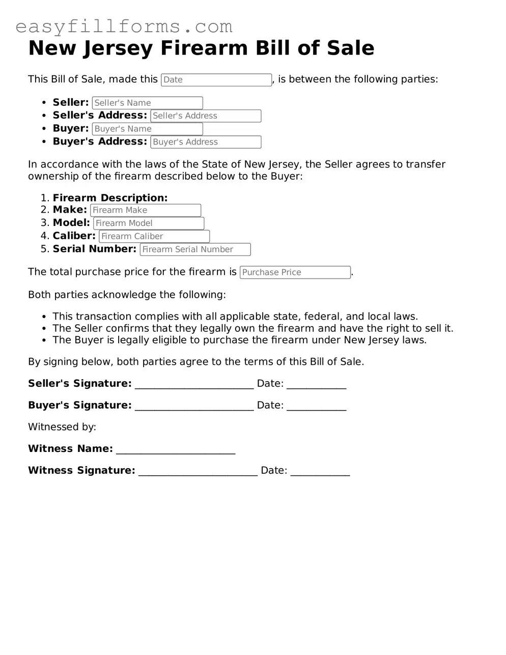 Valid  Firearm Bill of Sale Template for New Jersey