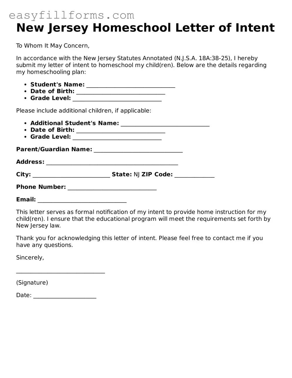 Valid  Homeschool Letter of Intent Template for New Jersey