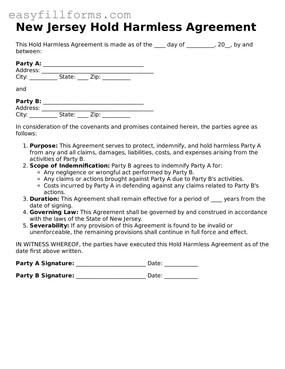 Valid  Hold Harmless Agreement Template for New Jersey