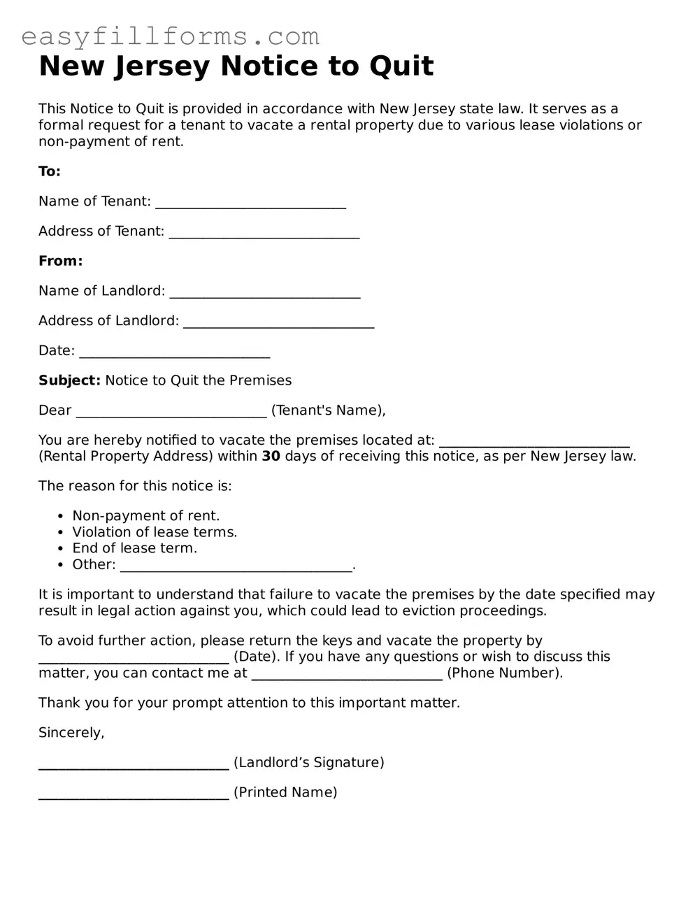 Valid  Notice to Quit Template for New Jersey