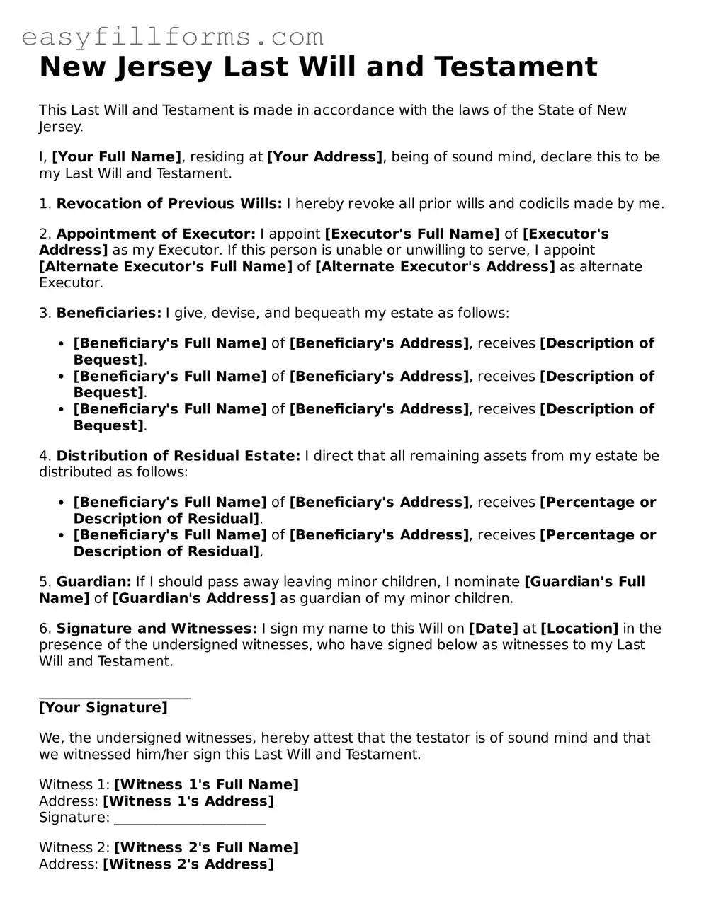 Valid  Last Will and Testament Template for New Jersey