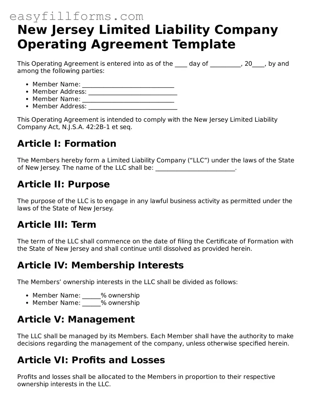Valid  Operating Agreement Template for New Jersey
