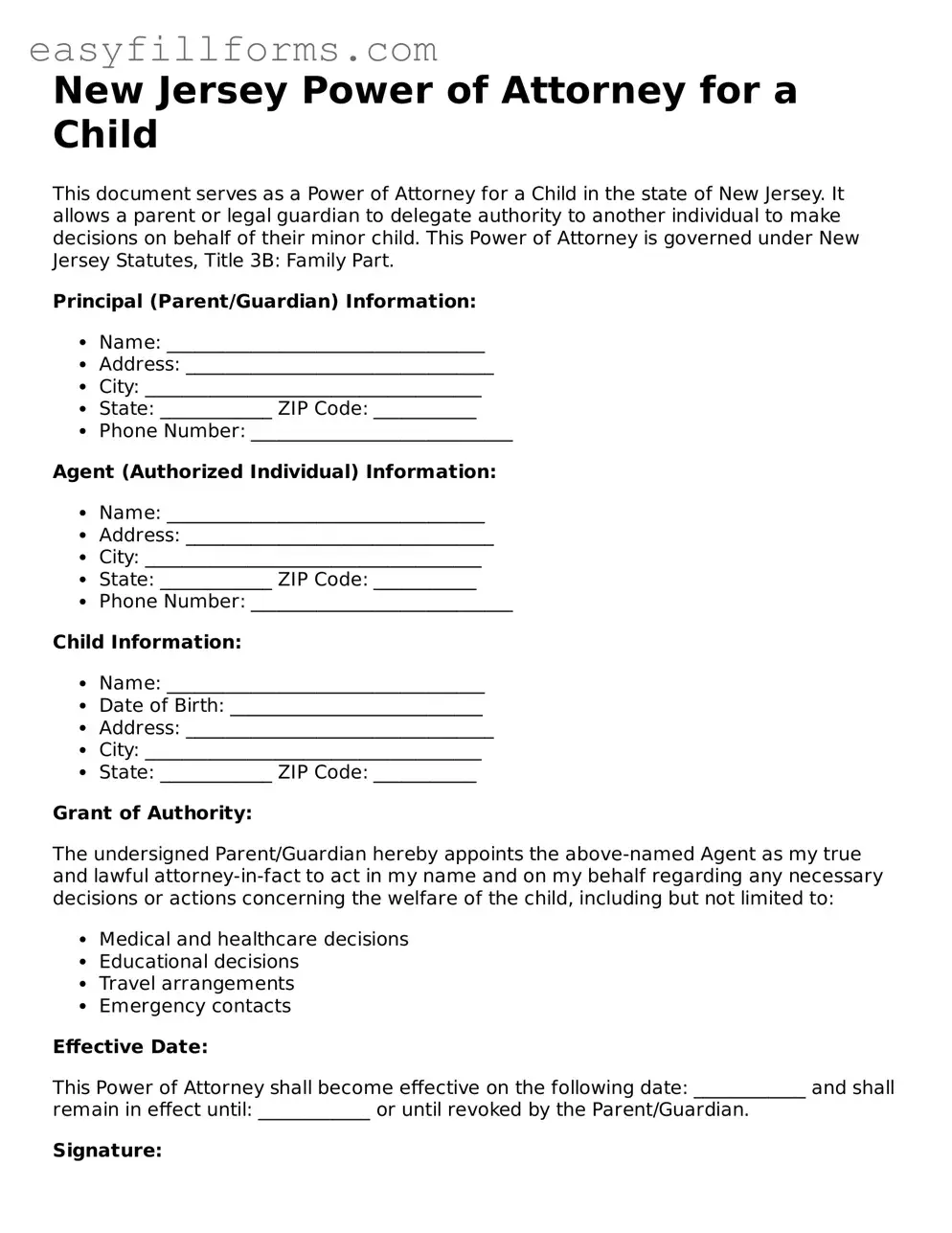 Valid  Power of Attorney for a Child Template for New Jersey