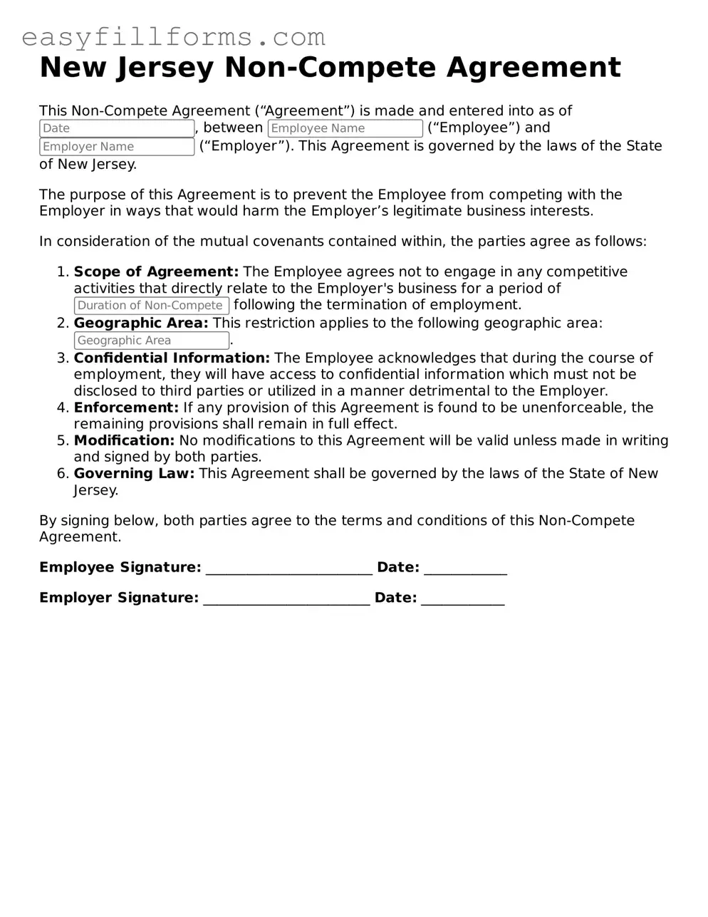 Valid  Non-compete Agreement Template for New Jersey