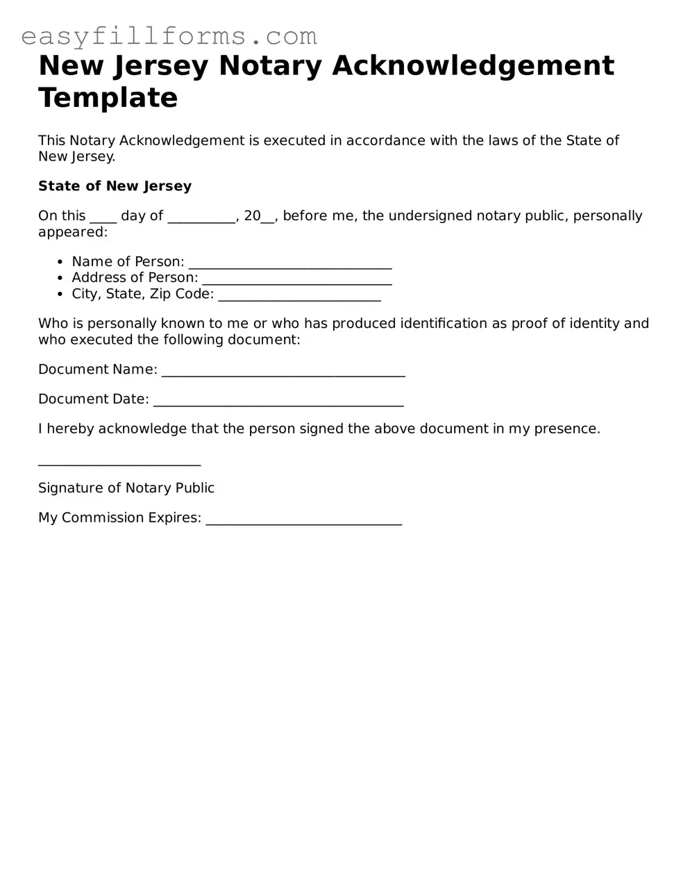 Valid  Notary Acknowledgement Template for New Jersey