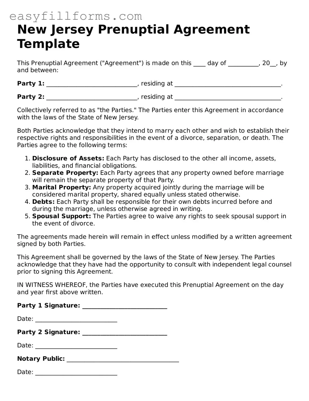Valid  Prenuptial Agreement Template for New Jersey