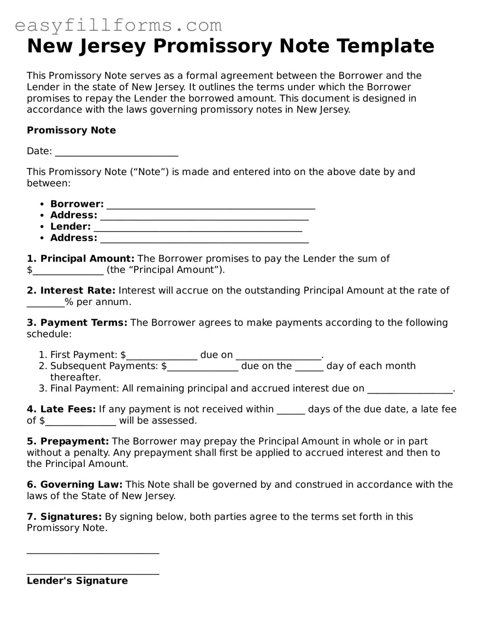 Valid  Promissory Note Template for New Jersey