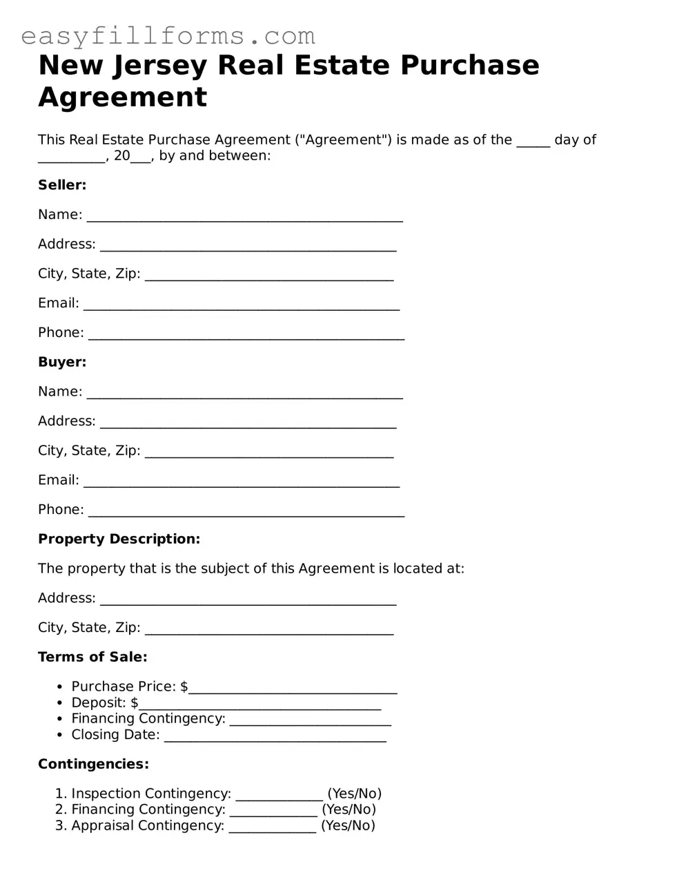 Valid  Real Estate Purchase Agreement Template for New Jersey