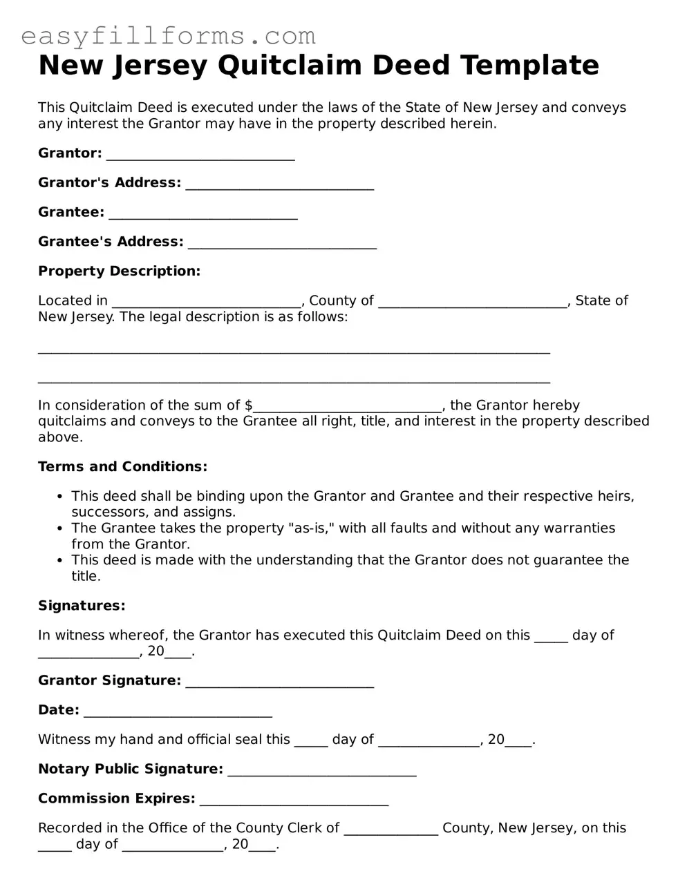Valid  Quitclaim Deed Template for New Jersey