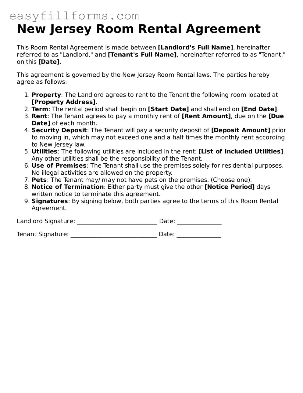 Valid  Room Rental Agreement Template for New Jersey