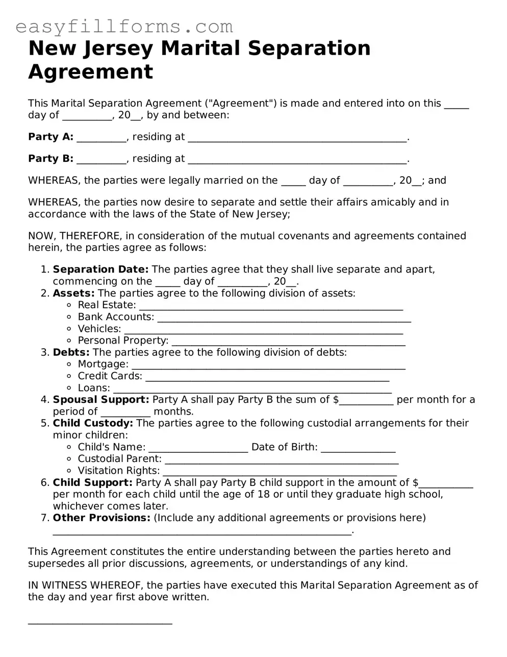 Valid  Marital Separation Agreement Template for New Jersey