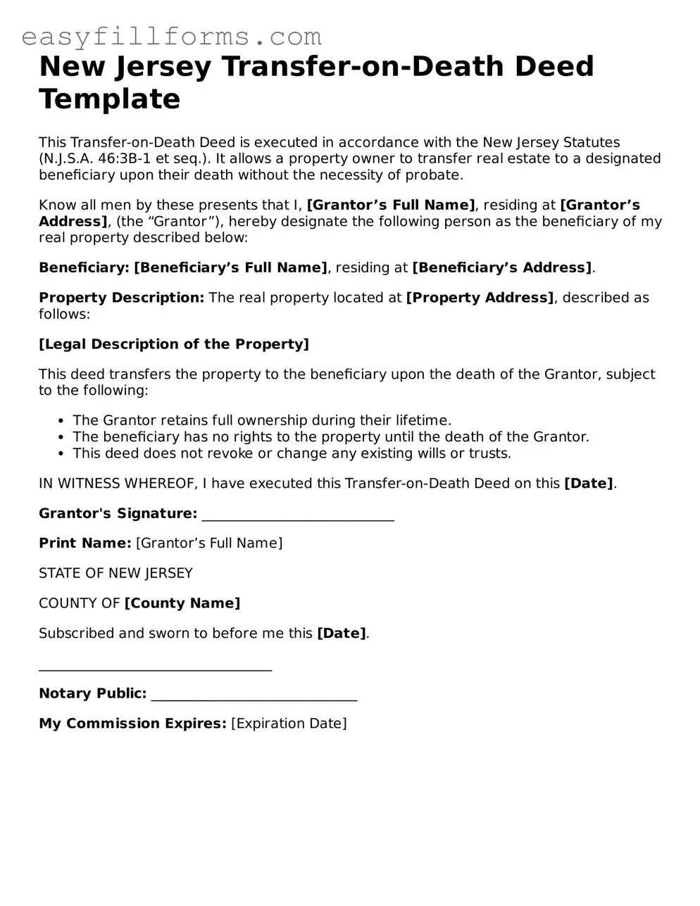 Valid  Transfer-on-Death Deed Template for New Jersey