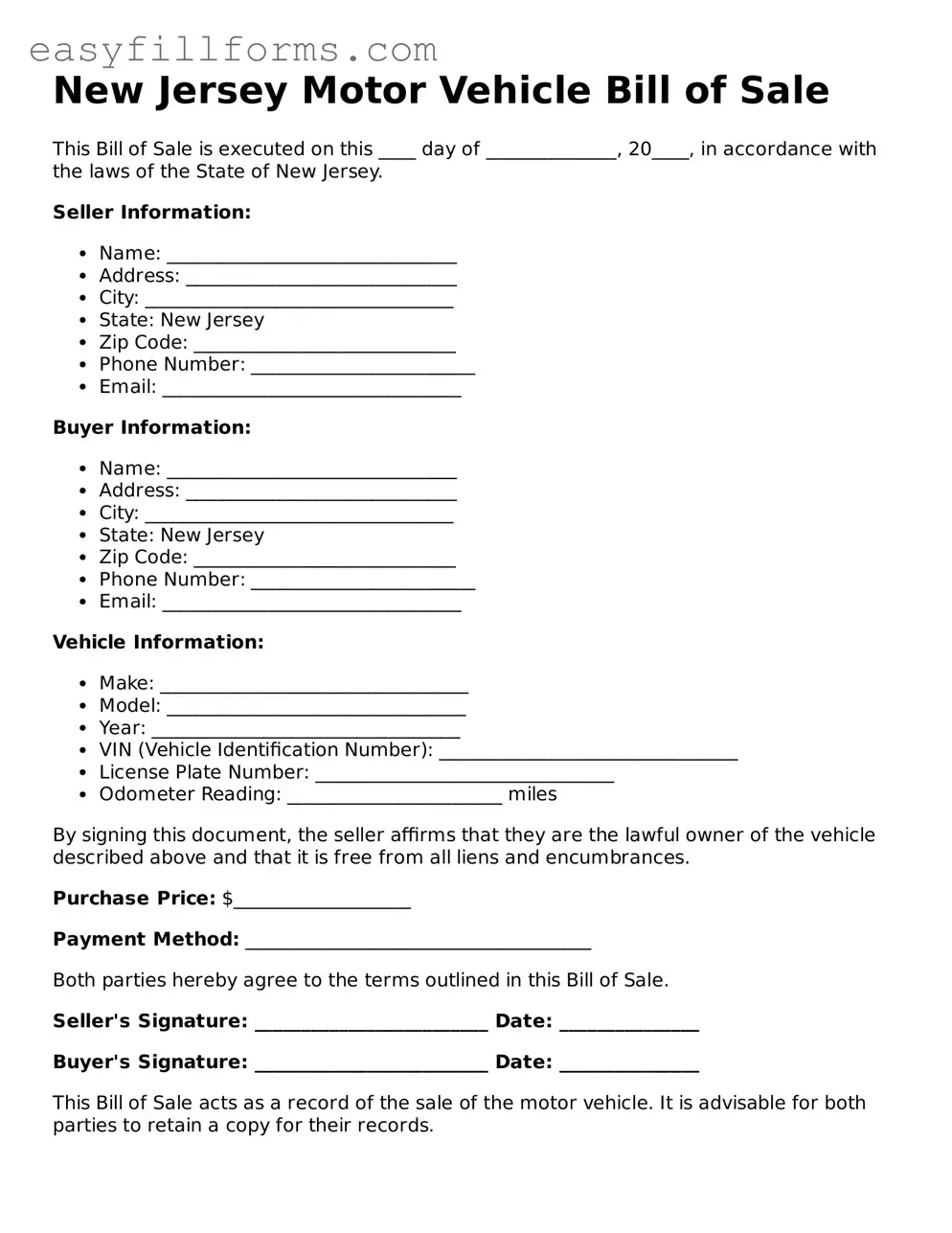 Valid  Motor Vehicle Bill of Sale Template for New Jersey