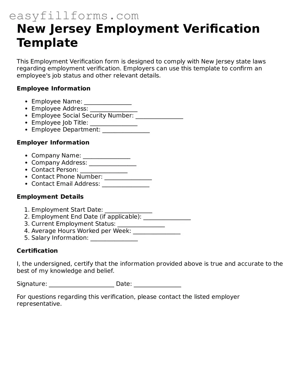 Valid  Employment Verification Template for New Jersey
