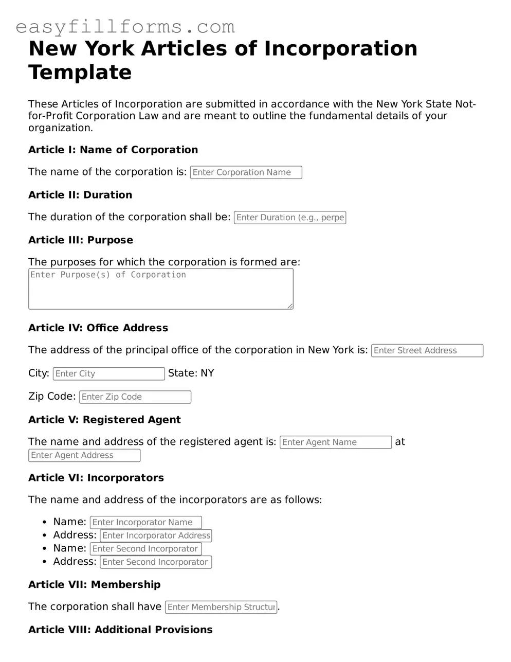 Valid  Articles of Incorporation Template for New York