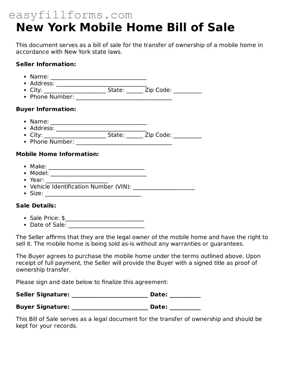 Valid  Mobile Home Bill of Sale Template for New York