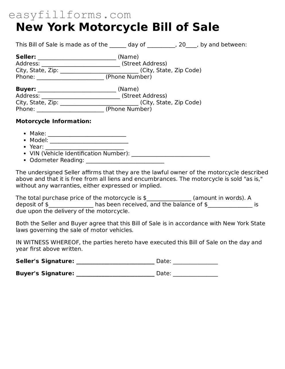 Valid  Motorcycle Bill of Sale Template for New York