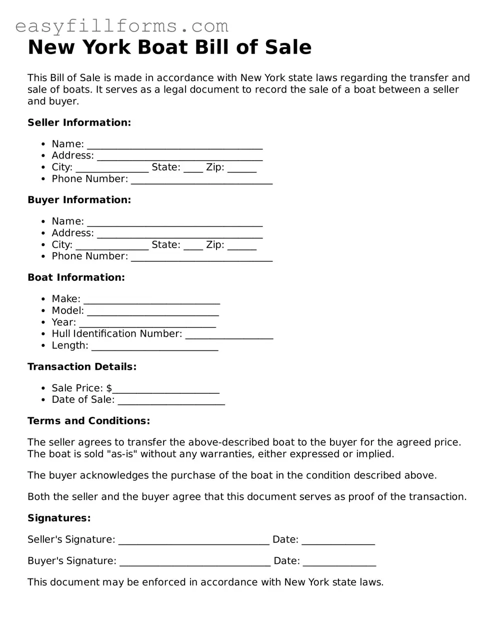 Valid  Boat Bill of Sale Template for New York
