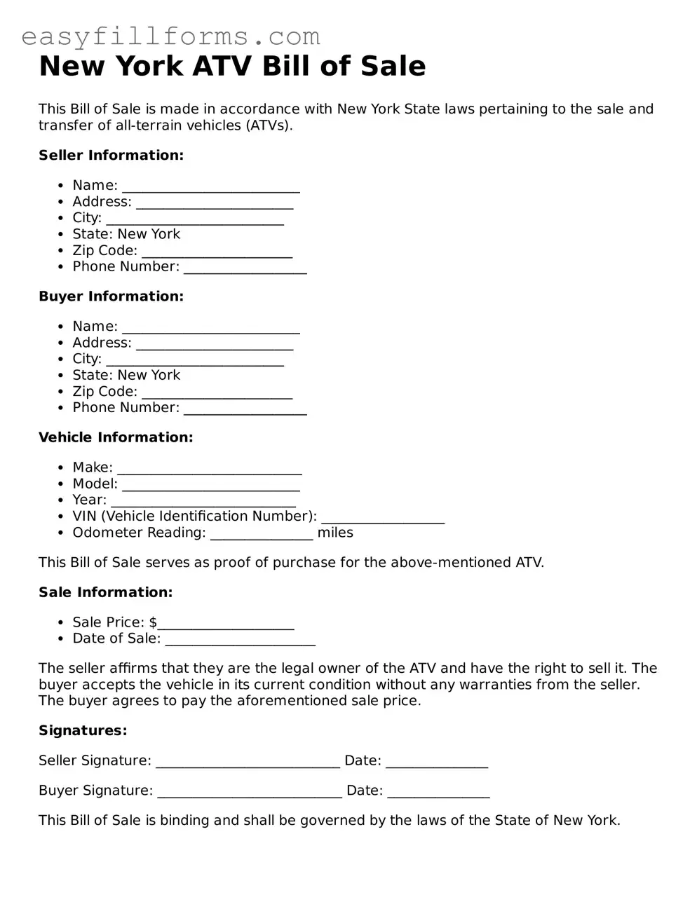 Valid  ATV Bill of Sale Template for New York